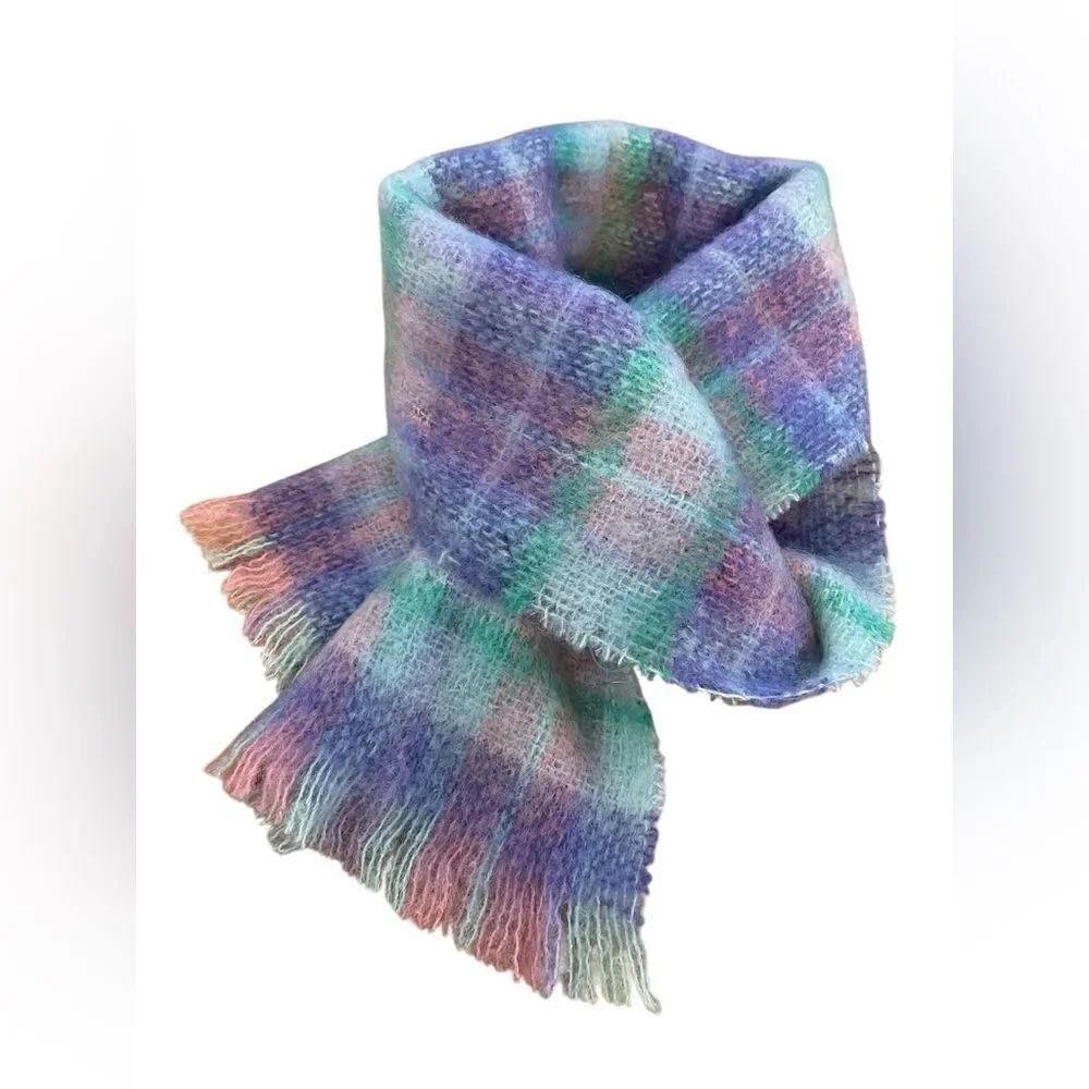 VINTAGE John Hanly Mohair/Wool Multicolor Plaid Scarf 9” X 54” approx
